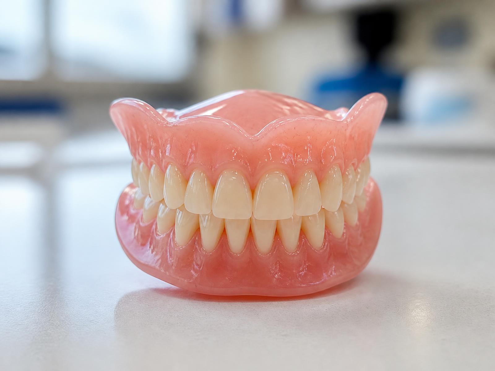 Close-up of a finished set of upper and lower dentures with natural-looking teeth